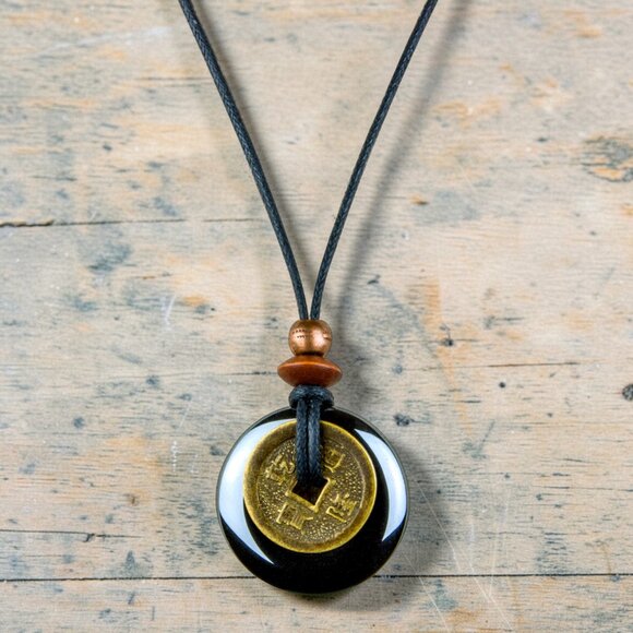 Artisan Jewelry - Hematite & Chinese Lucky Coin Pendant Necklace | Handmade